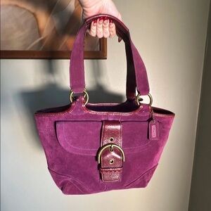 Coach Suede SoHo Tote Bag in Plum and Oxblood with purple C interior